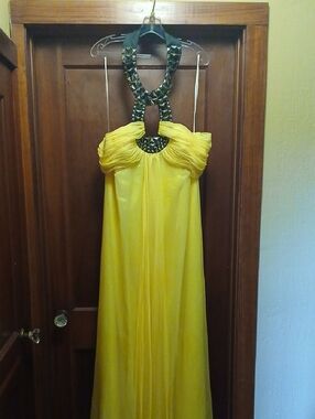 Precious Formals Yellow Ruffled Halter Dress with Gold Logo Detail